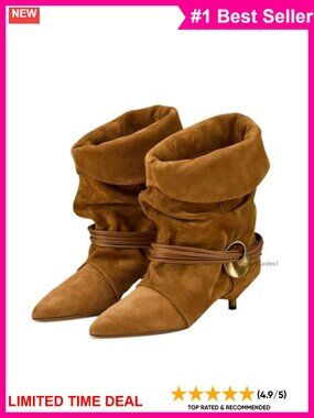 Women's Slouchy Ankle Boots Pointed Toe Kitten Heel Suede Booties Wide Calf